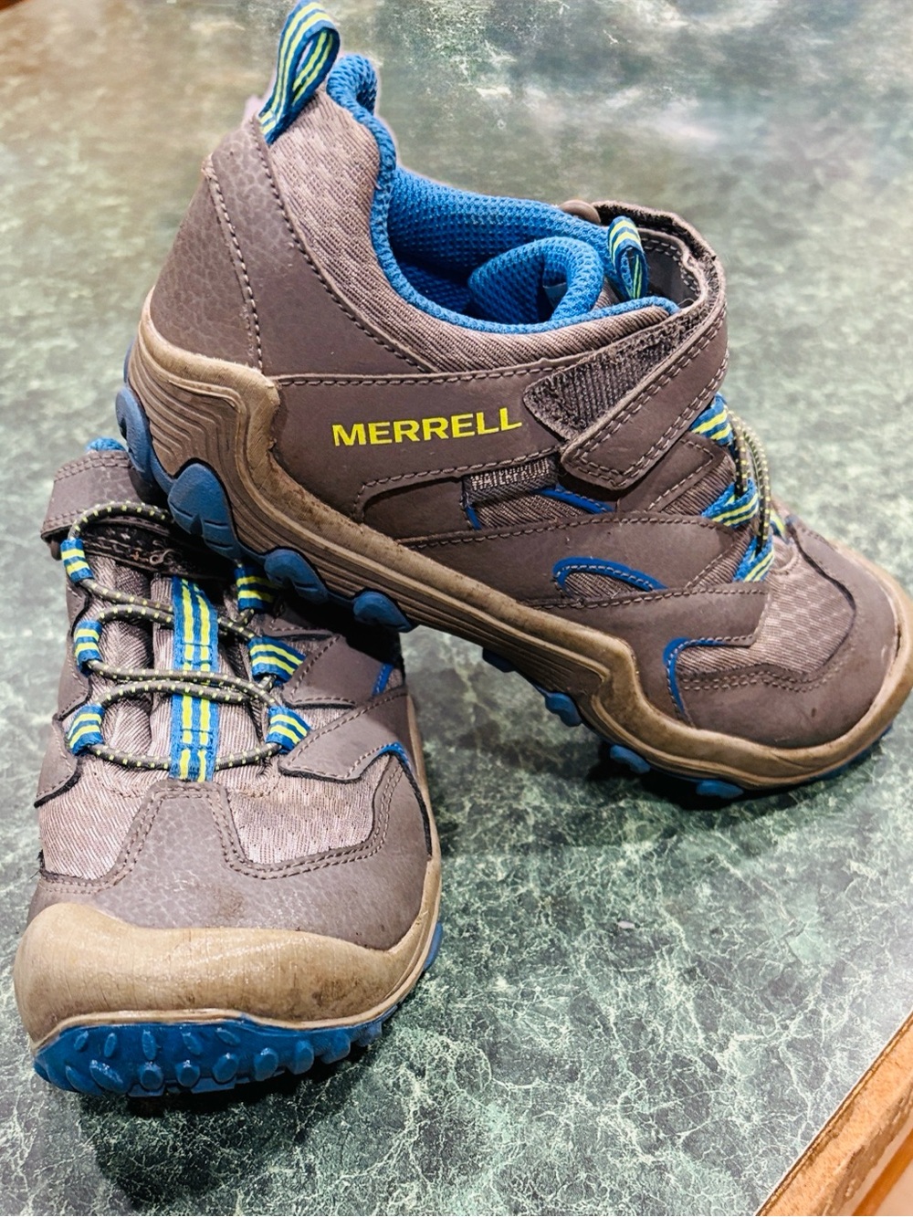 Merrell Kids Brown and Blue Trail Sneakers with Yellow Logo